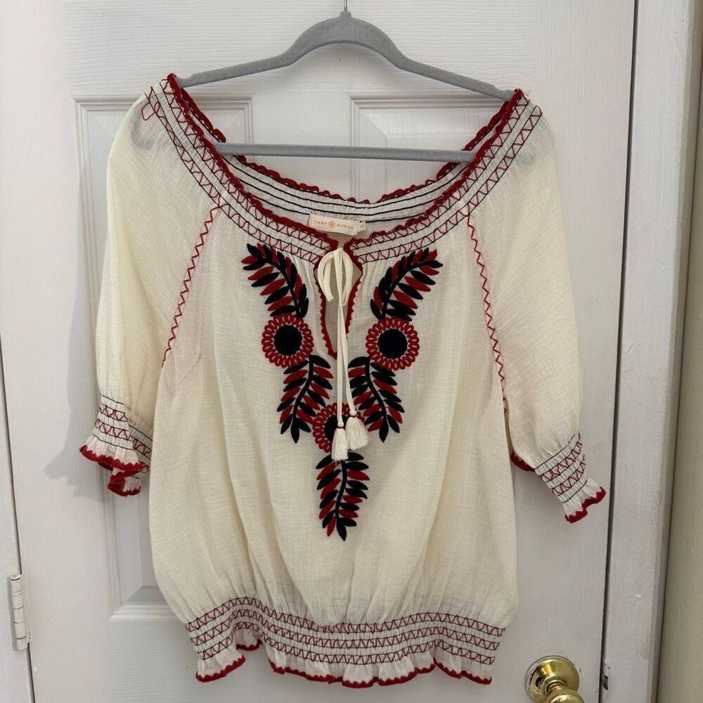 Tory Burch Mari Peasant Top Size Medium Embroidered Floral Cream Red - Picture 8 of 8